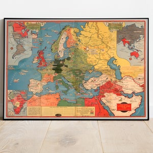 Oude Wereldoorlog 2 Kaart, 1942 door Stanley Turner - "Gedateerde gebeurtenissen" WW2 History Chart - Europa, nazi's, geallieerden, Duitsland