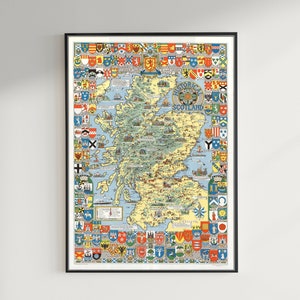 carte vintage de l’Écosse, clans d’Écosse, armoiries, Écosse historique, carte de la vieille Écosse, histoire écossaise, cadeau amoureux de l’Écosse, Écosse
