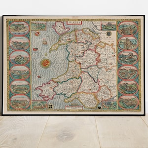 Old Map of Wales, Cymru by John Speed, 1611 - Cities, Towns, Counties, Cardiff, Anglesey - Monochrome Personalised Gift - Framed or Unframed