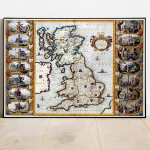 Ancienne carte de l’Angleterre, du Pays de Galles et de l’Écosse en 1645 - Rare Anglo-Saxon Grande-Bretagne Viking Heptarchie Carte du Royaume-Uni