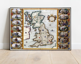 Ancienne carte de l’Angleterre, du Pays de Galles et de l’Écosse en 1645 - Rare Anglo-Saxon Grande-Bretagne Viking Heptarchie Carte du Royaume-Uni