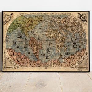 May include: An antique world map printed on paper with a light blue background and brown and green landmasses. The map is framed in black and features a compass rose and ships in the ocean.