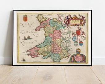 19世紀 イギリスとウェールズの古地図 ガラス額縁 木製フレーム付き