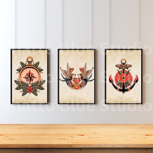 Nautical Traditional Tattoo, Anchor, Swallow, Compass Tattoo, Set of 3, Old School Ink Digital Prints