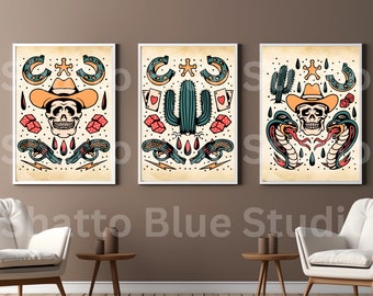 May include: Three vintage-style illustrations of Western-themed imagery. The first image features a skull wearing a cowboy hat, surrounded by horseshoes, dice, and pistols. The second image features a cactus with playing cards and horseshoes. The third image features a skull wearing a cowboy hat with two snakes on either side, surrounded by horseshoes, dice, and raindrops.