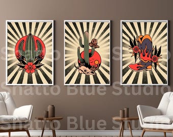 May include: Three vintage-style illustrations in a set. The first illustration features a cactus with a red sun and flowers. The second illustration features a cactus with a cowboy hat and a skull. The third illustration features a cowboy boot with flames and flowers.