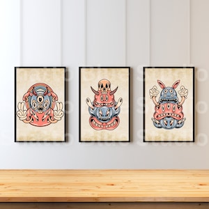 Trippy Cartoon Monsters, Set of 3, Digital Prints