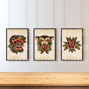Tattoo schwarze Rose, Tiger, Schlange, Traditionelles Tattoo, Old School Ink, 3er Set, Digitaldrucke