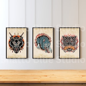 Wolf Traditional Tattoo Flash, Wolf Tattoo, Set of 3, Old School Ink, Digital Prints