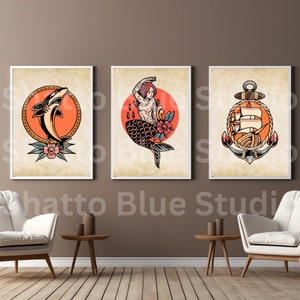 Mermaid Traditional Tattoo Style, Nautical Anchor, Shark Tattoo, Set of 3, Old School Ink, Digital Prints