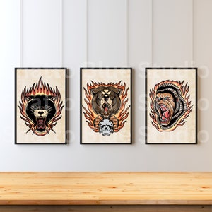 Traditional Tattoo Flash, Burning, Black Panther, Bear Skull, Angry Gorilla, Set of 3, Old School Ink