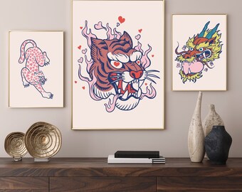 Traditional Tattoo Flash Sheet | Pink Panther, Love Struck, Dragon Love | Valentine's Day, Old School Ink, Digital Print