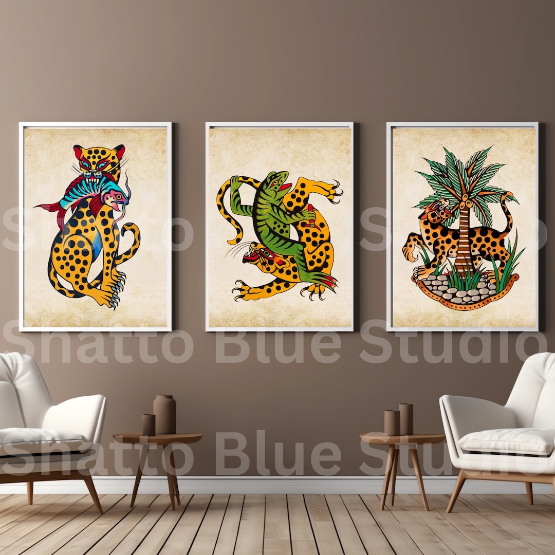 Leopard Tattoo Art Prints: Old School Traditional Ink (set of 3 ...