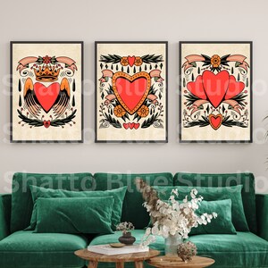 Traditional Tattoo Flash Sheet, Winged Heart, Heart Flash Tattoo Sheets, Set of 3, Old School Ink Digital Prints, Valentine&#39;s Day