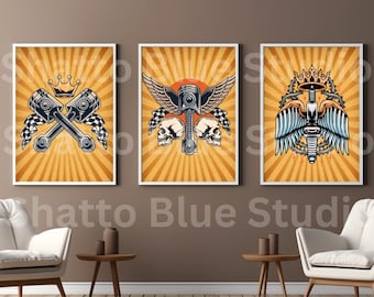 Traditional Tattoo Flash Art Prints: Spark Plug, Rods, Piston (Digital Download)