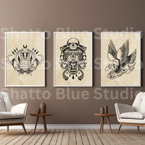Traditional Tattoo Flash Sheet, Tiger Skull, Cobra Demon, Flaming Eye Eagle, Black Outline, Set Of 3, Old School Ink Digital Print