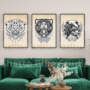 Traditional Tattoo Flash Sheet, Roaring Bear, Three Eyed Tiger, Wolf,  Black and White, Set of 3, Old School Ink