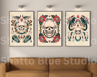 Traditional Tattoo Flash Art Prints: Skull, Heart, Scorpion (Digital Download)