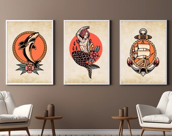 Mermaid Traditional Tattoo Style, Nautical Anchor, Shark Tattoo, Set of 3, Old School Ink, Digital Prints