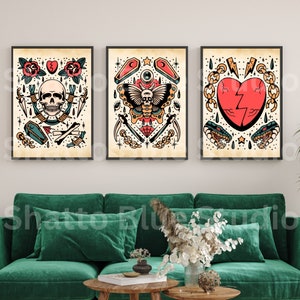 Traditional Tattoo Flash Sheet, Broken Heart, Skull, Death Moth Tattoo Art, Set of 3, Old School Ink Digital Prints, Gift