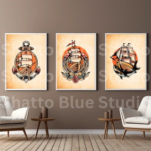 Vintage Sailing Boat Traditional Tattoo Style, Nautical Anchor, Shark Tattoo, Set of 3, Old School Ink, Digital Prints