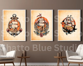 Láminas de tatuajes náuticos: Velero vintage y tiburón (descarga digital)