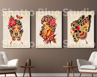 Vintage Butterfly Tattoo Flash Sheet Prints: Old School Ladies (Digital Download)