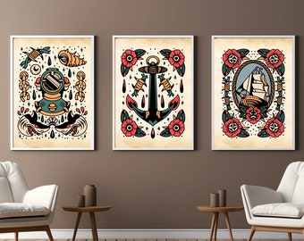 Traditional Tattoo Flash Sheet | Sea Diver, Ship Anchor, Nautical Sailor Ship | Set of 3, Old School Ink Digital Prints