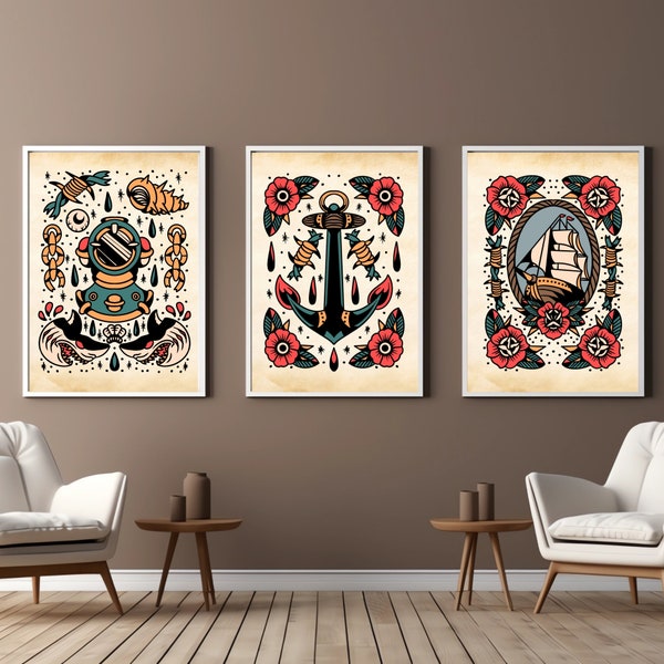 Traditional Tattoo Flash Sheet | Sea Diver, Ship Anchor, Nautical Sailor Ship | Set of 3, Old School Ink Digital Prints