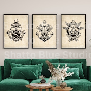 Traditional Tattoo Flash Sheet |  Grayscale Nautical Anchor Flash Tattoo Sheets | Set of 3, Old School Ink Digital Prints