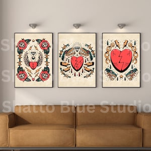 Traditional Tattoo Flash Sheet, Heart Tattoo Flash Art, Set of 3, Old School Ink Digital Prints