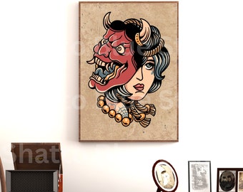 Traditional Tattoo Flash Sheet, Lady Skull, Lady With Red Demon