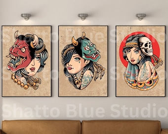 Traditional Tattoo Flash Sheet, Lady Skull, Lady With Red Demon
