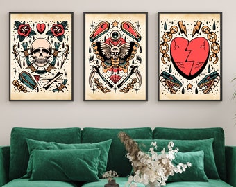Traditional Tattoo Flash Sheet | Broken Heart, Skull, Death Moth Tattoo Art | Set of 3, Old School Ink Digital Prints