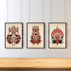 Castle and Skull Tattoo Style, Wall Art, Traditional Tattoo, Flowers, Set of 3, Old School Ink Digital Prints