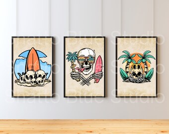 Surfing Paradise, Traditional Tattoo, Skeleton Surfer, Set