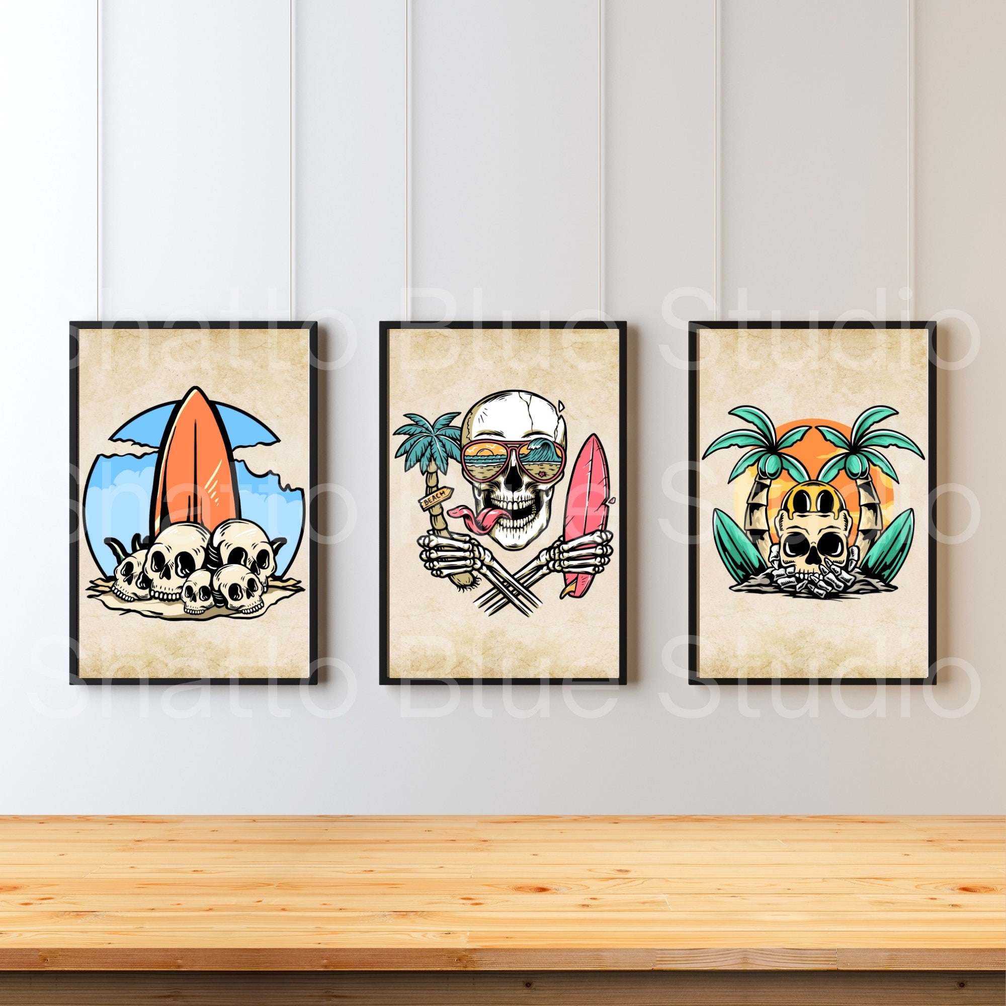 Surfing Paradise, Traditional Tattoo, Skeleton Surfer, Set