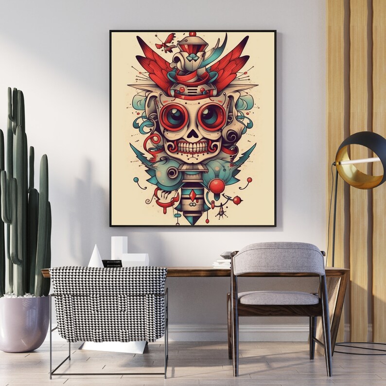 Steampunk Tattoo Wall Art Print Tattoo Flash Wall Decor Skull Wall Art