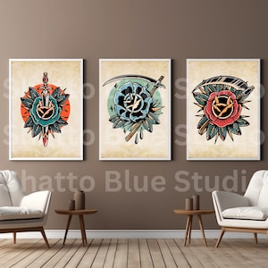 Scythe Through Rose,Traditional Tattoo Style, Sword Blue Rose, Red Rose Tattoo, Set of 3, Old School Ink, Digital Prints