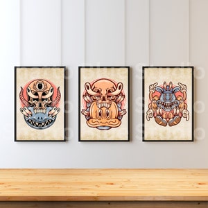 Cartoon Trippy Monsters, Set of 3, Digital Prints