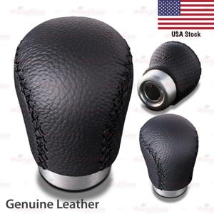 Universal 5/6 Gear Speed Authentic LEATHER in BLACK with BLACK Threads Gear Shift Knob with 3 Rubber Adapters included | AutoXtreme