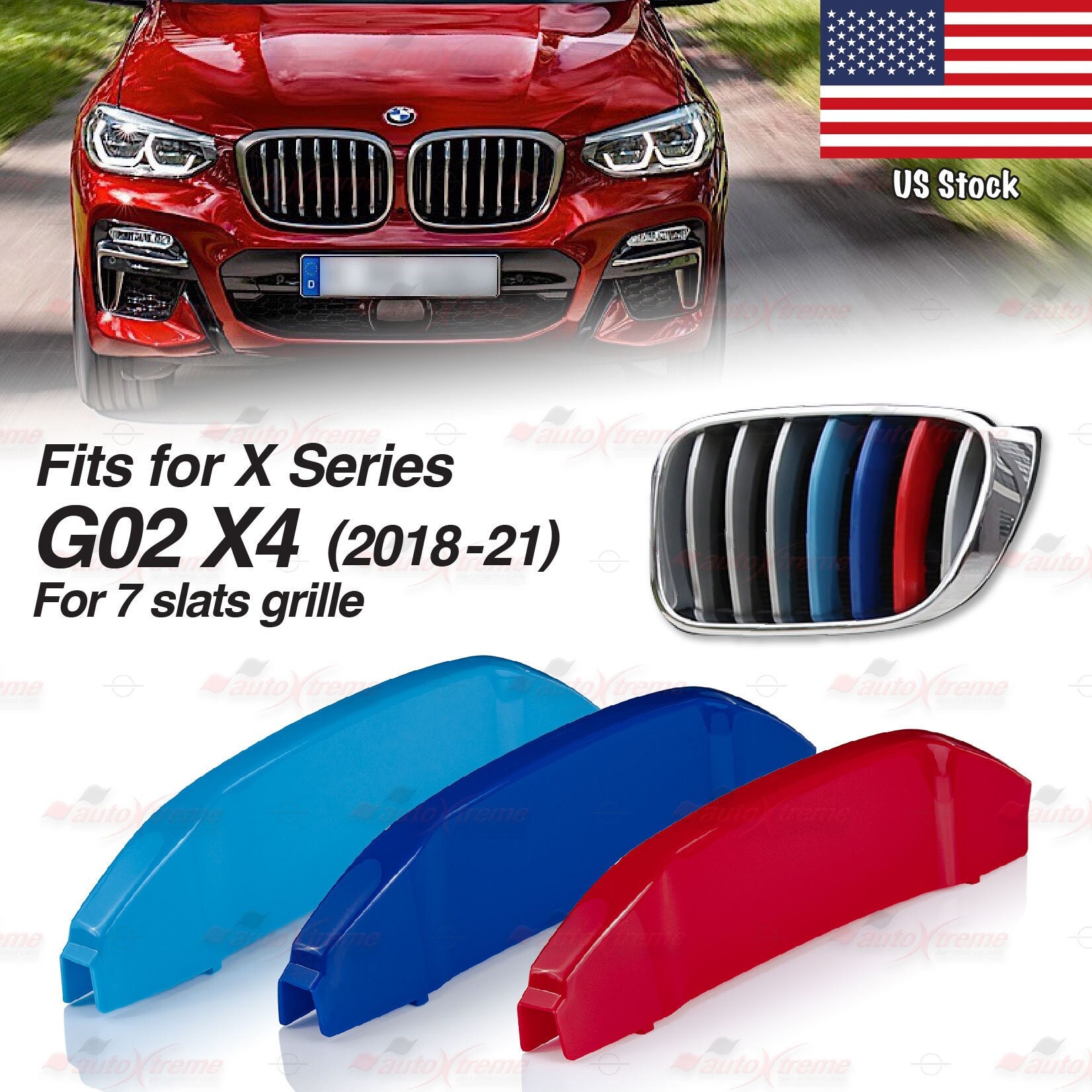 Tri-color 7 BARS Kidney Grille Front Cover Insert Clips Fits BMW X4 X ...
