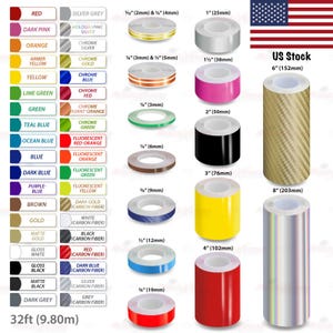 May include: A variety of colored adhesive tapes, including red, blue, and yellow, are displayed with their dimensions in inches and millimeters. The image also shows rolls of carbon fiber and holographic silver tape, with the text "US Stock" and "32ft (9.80m)".