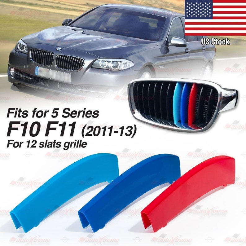 Tri-color 12 BARS Kidney Grille Front Cover Insert Clips Fits BMW 5 ...