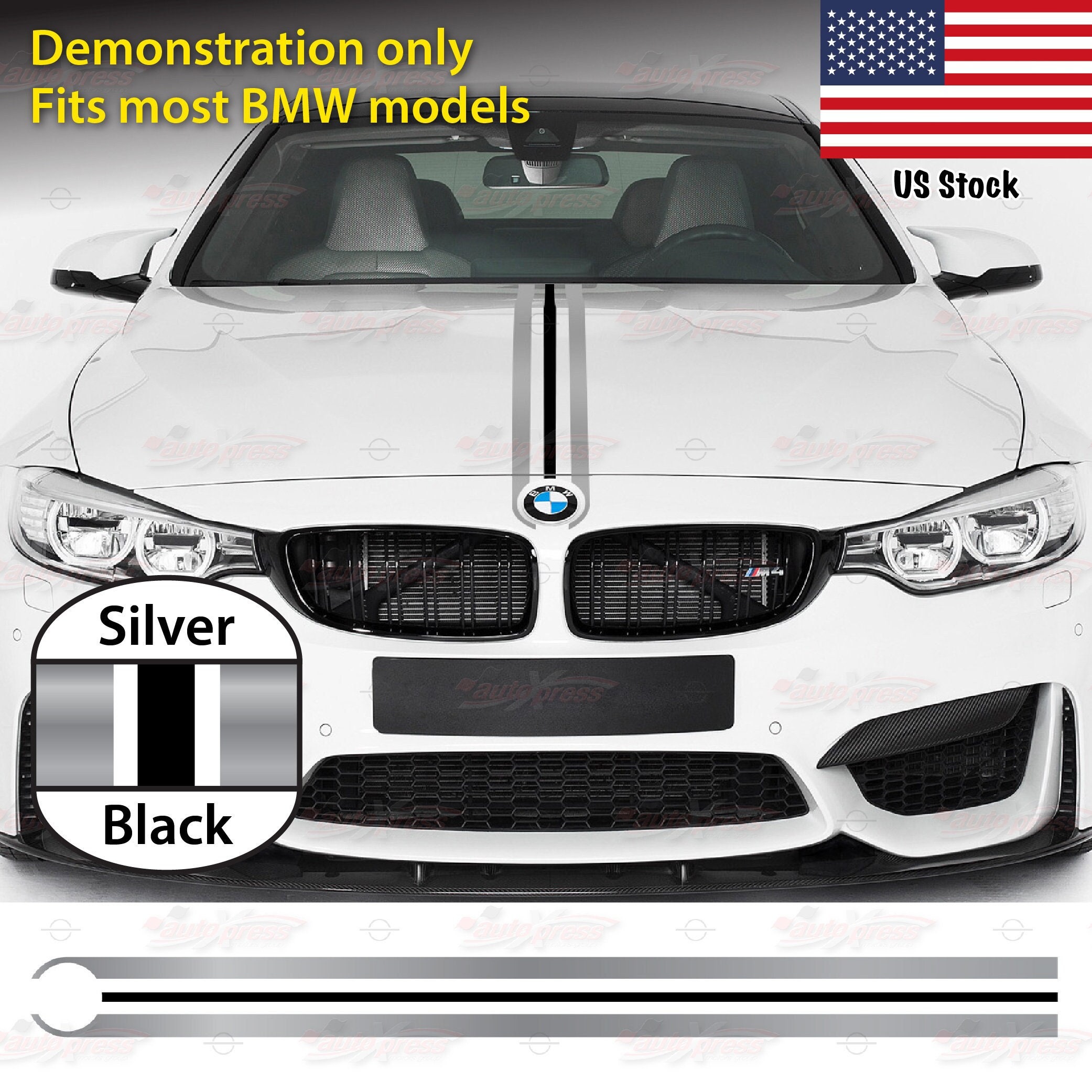 For BMW Engine Car Hood Bonnet Racing Triple-line Stripe Exterior Decal  Decoration Vinyl Stickers SILVER & BLACK Autoxpress 