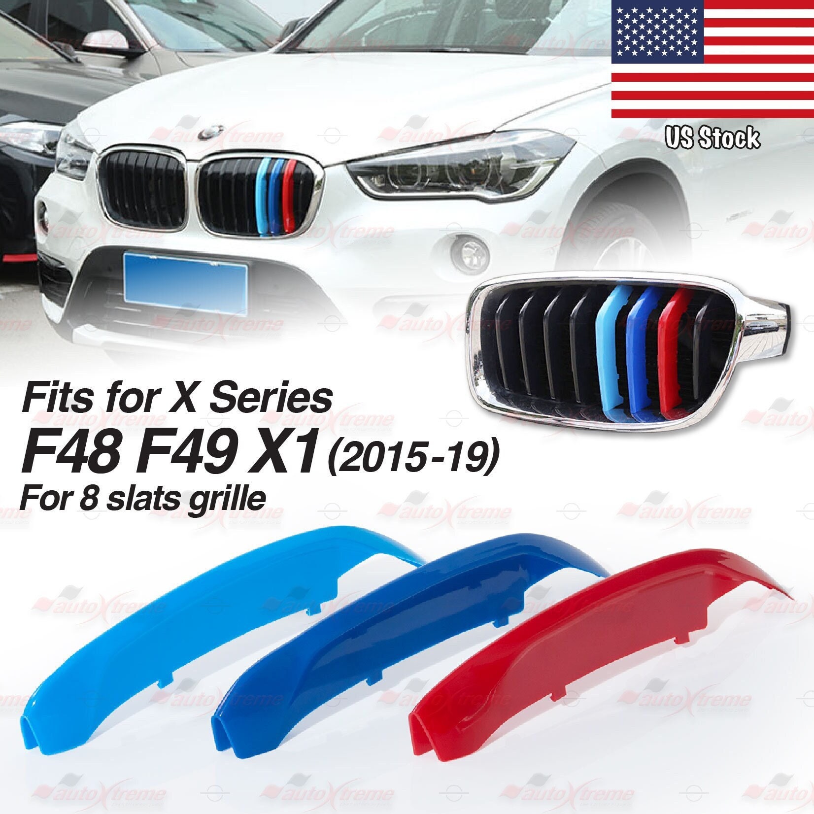 Tri-color 8 BARS Kidney Grille Front Cover Insert Clips Fits BMW X1 X ...