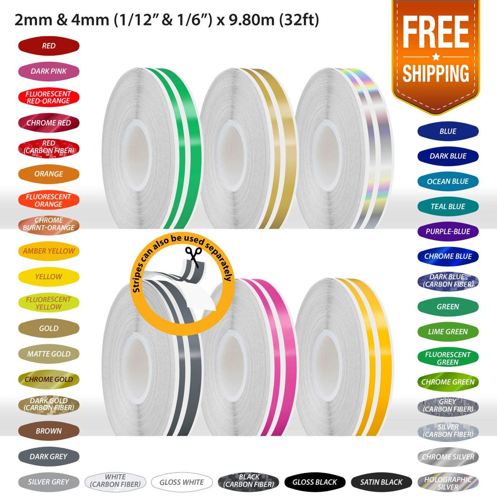 Orange 1/8" (3mm) Pin Stripe Tape – 32ft Roll – Vinyl Decal For Cars, Bikes, Helmets & More