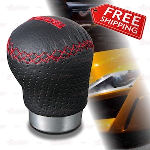 Universal 5/6 Gear Speed MT Authentic Leather in BLACK with RED Threads Sports Gear Shift Knob with 3 Rubber Adapters included | AutoXpress