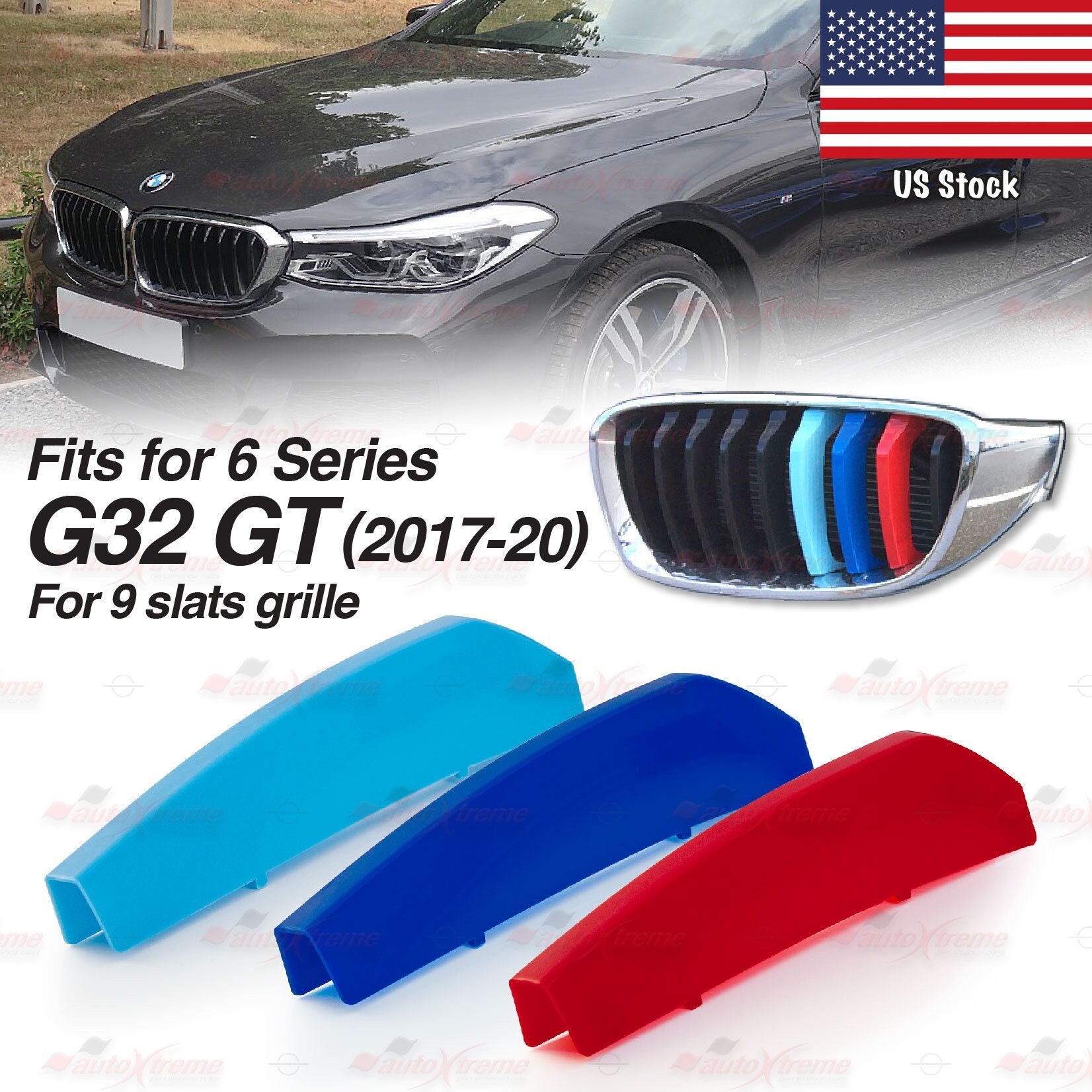 Tri-color 9 BARS Kidney Grille Front Cover Insert Clips Fits BMW 6 ...