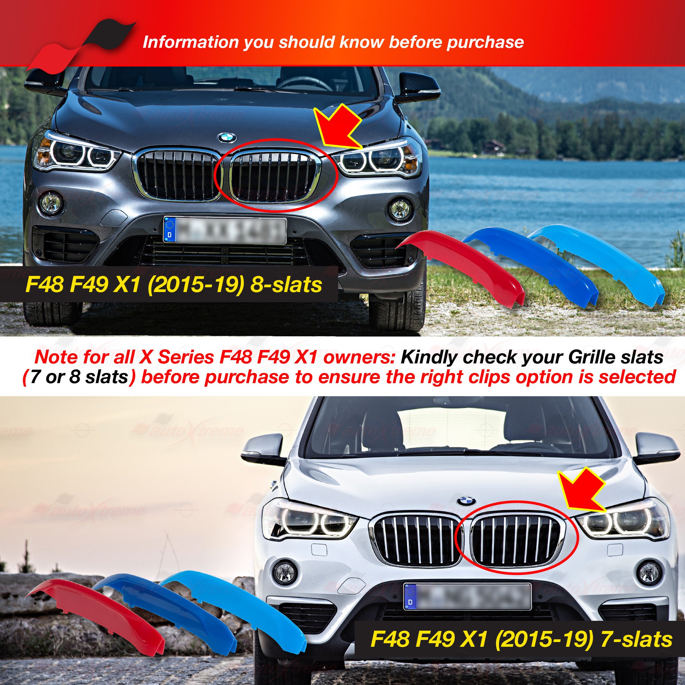 Tri-color 8 BARS Kidney Grille Front Cover Insert Clips Fits BMW X1 X ...
